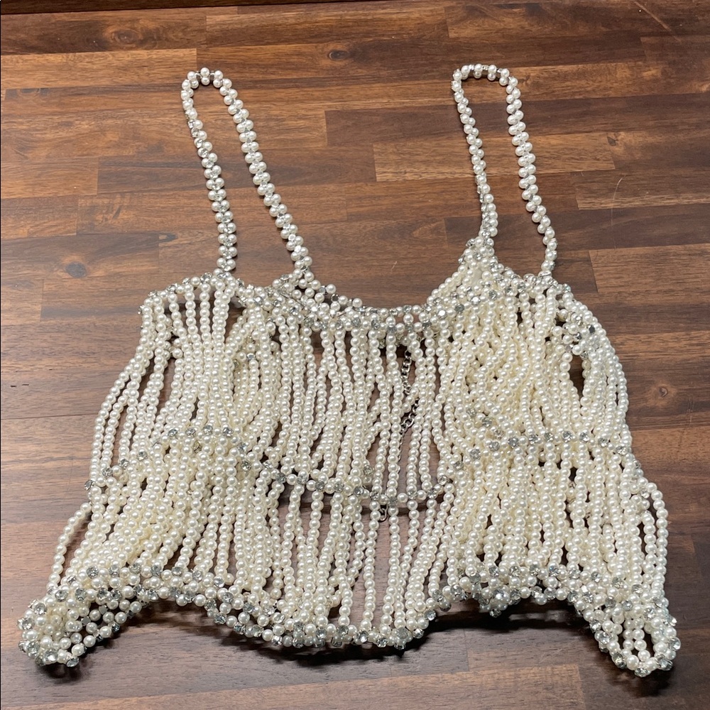 Elegant Pearl Beaded & Rhinestone Women's Crop Top